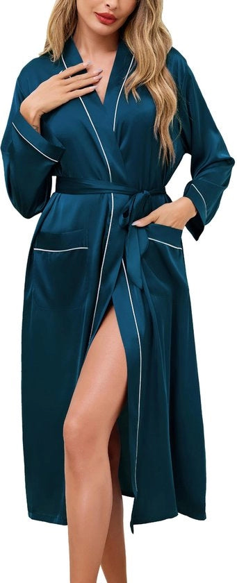 Kimono da camera per donna, lunga, notturno, V-collo, azzurro pallido, modello L