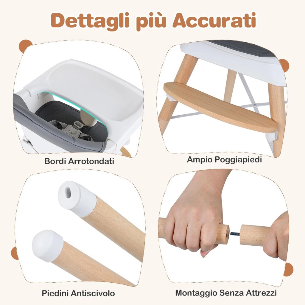 Seggiolone Pappa per Neonati, Vassoio Regolabile | Seggiolone Evolutivo Convertibile con Cuscino Rimovibile, Cintura di Sicurezza a 5 Punti, in Legno con per Bambini 6-36 Mesi