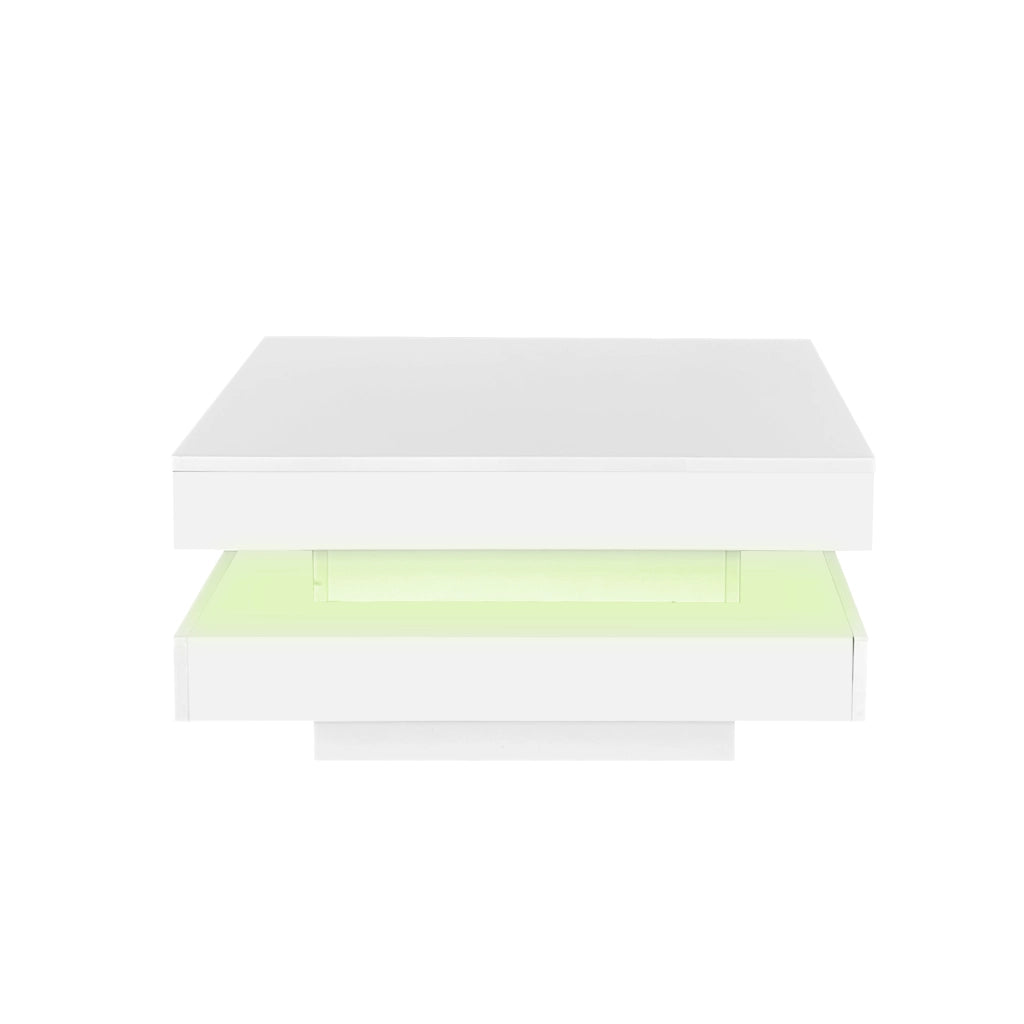Tavolino da salotto 70x70x36 cm; piano girevole a 360° con luce LED; pannello truciolare bianco