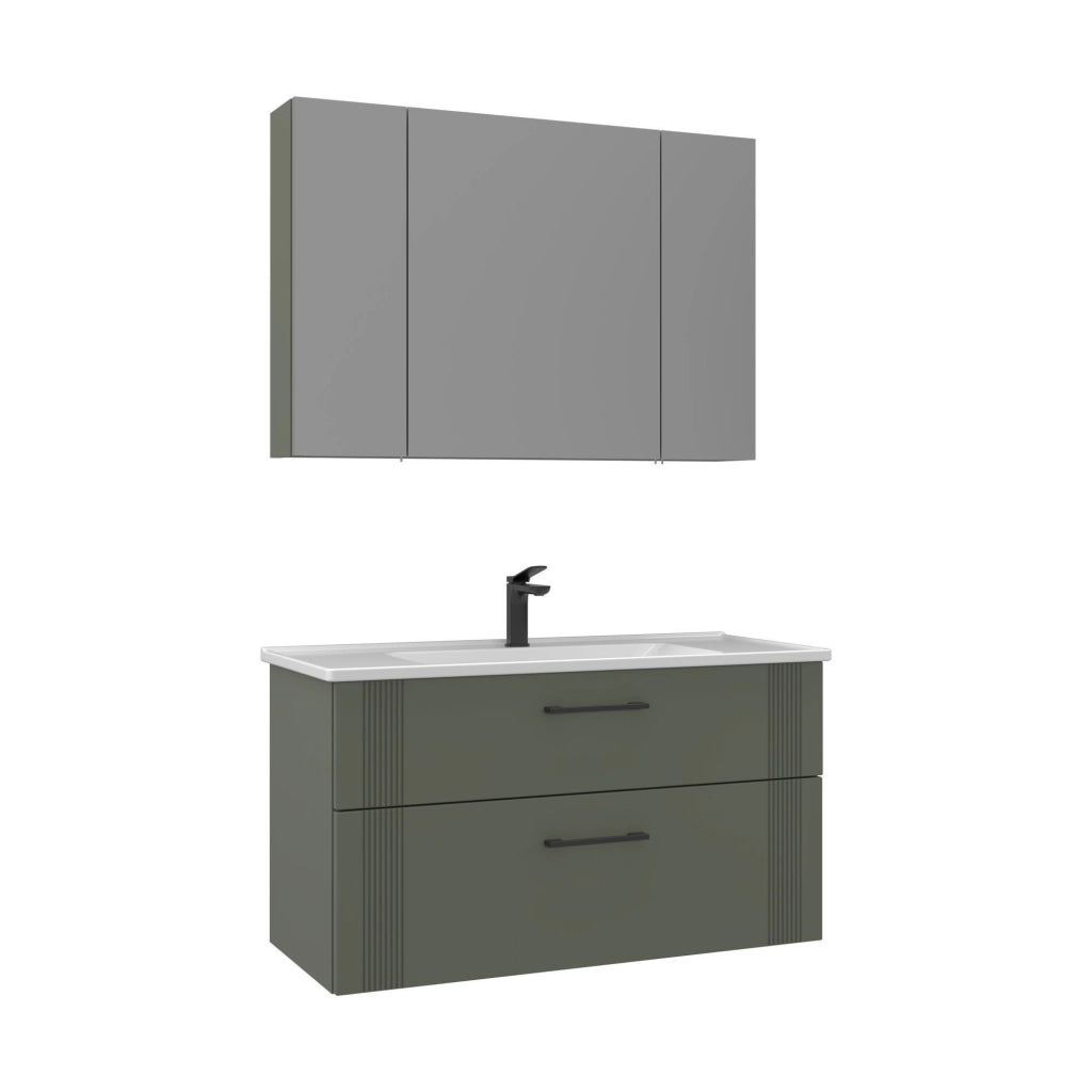 Set mobile lavabo con specchio (2 pezzi) "Bari 100 v2" - 100 x 45 x 55 cm - Verde opaco