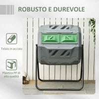 Compostiera da Giardino Girevole a 2 Sezioni con 8 Prese d'Aria, in Acciaio e PP, 71x65x96 cm, Grigio