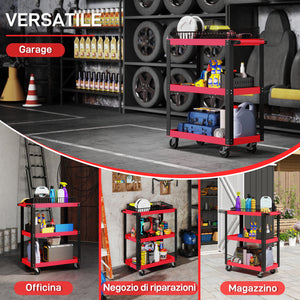 Carrello Porta Attrezzi a 3 Ripiani 70,5x35x82,5 cm in Metallo e PP Rosso e Nero