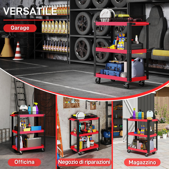 Carrello Porta Attrezzi a 3 Ripiani 70,5x35x82,5 cm in Metallo e PP Rosso e Nero