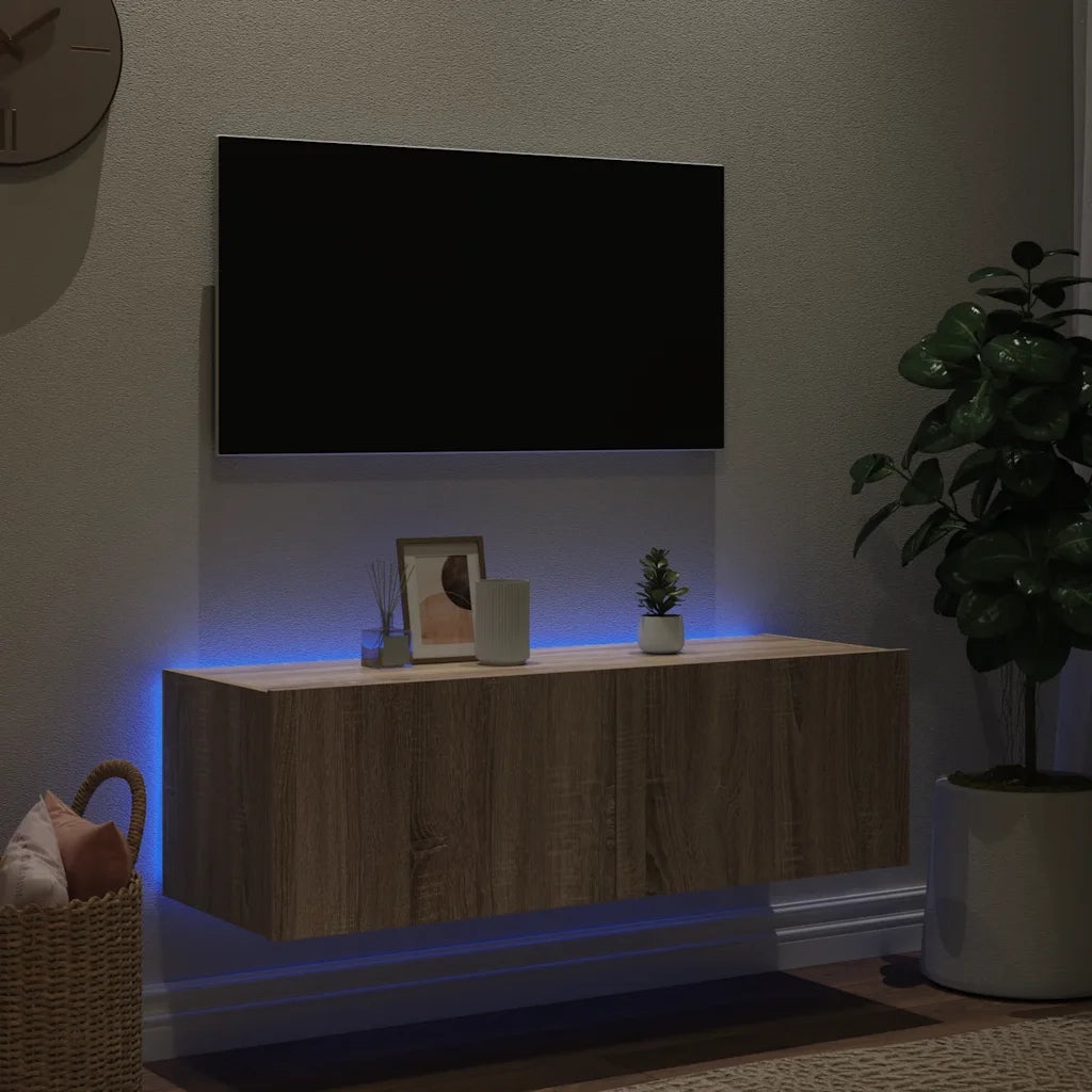Mobile TV a Parete con Luci LED Rovere Sonoma 100x35x31 cm 837297