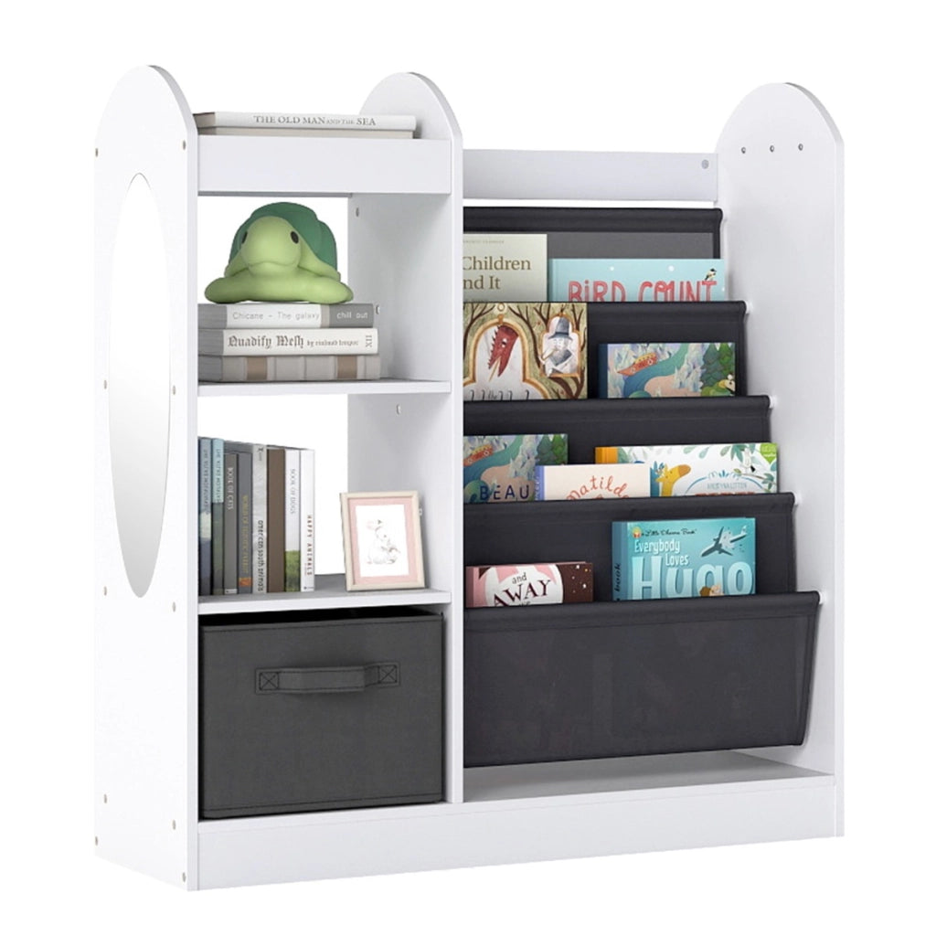 Libreria per bambini con specchio scaffale giocattoli 4 ripiani a rete, Libreria bambini montessori 4 livelli sala giochi Bianco-Scaffalature