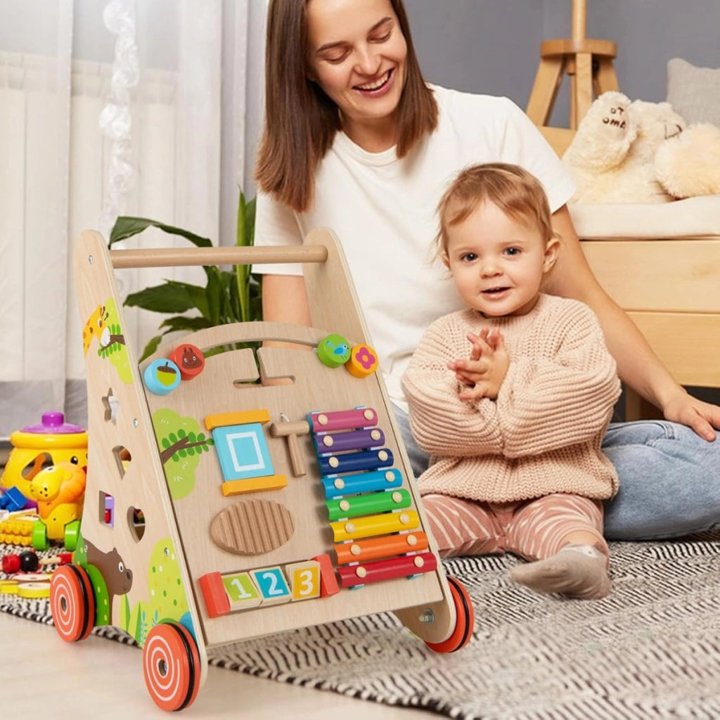 Carrello primi passi per bambini in legno, Girello a spinta con manico contenitore e ruote Multicolore