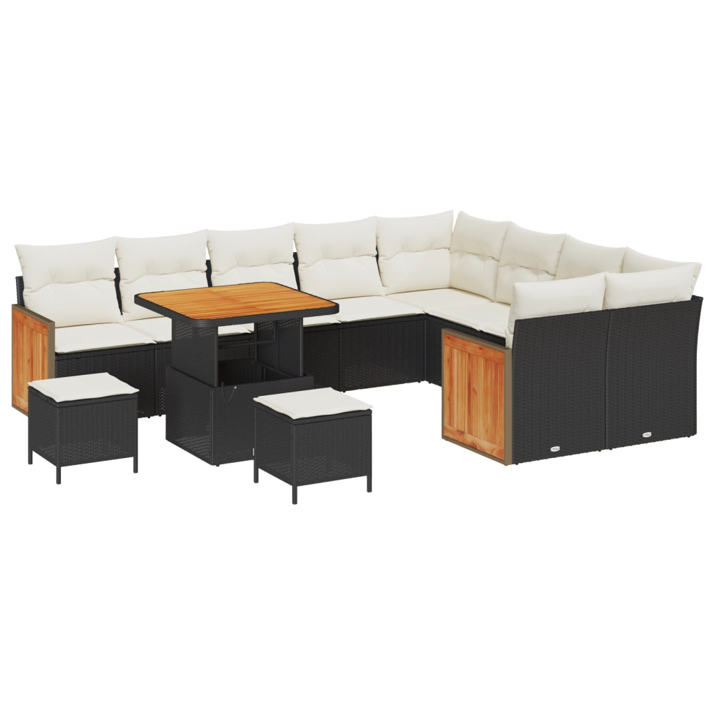 Set Divano da Giardino da 12 Pezzi con Cuscini in Polyrattan Nero e Acacia