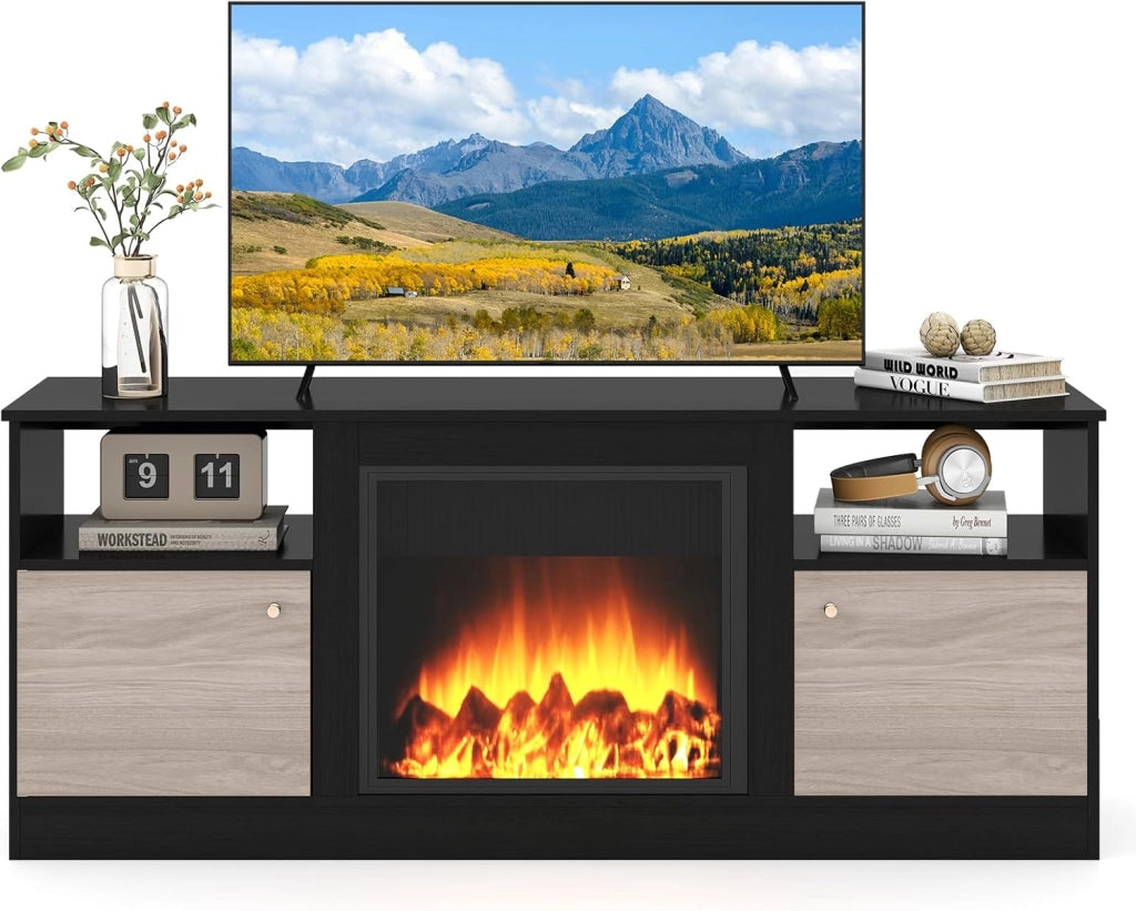 Mobile TV con Camino Elettrico Modulabile, Console di Stoccaggio con Illuminazione LED RGB Telecomando, Panca TV Fino a 65", Ripiani Regolabili, Design Elegante, Carico 95 kg