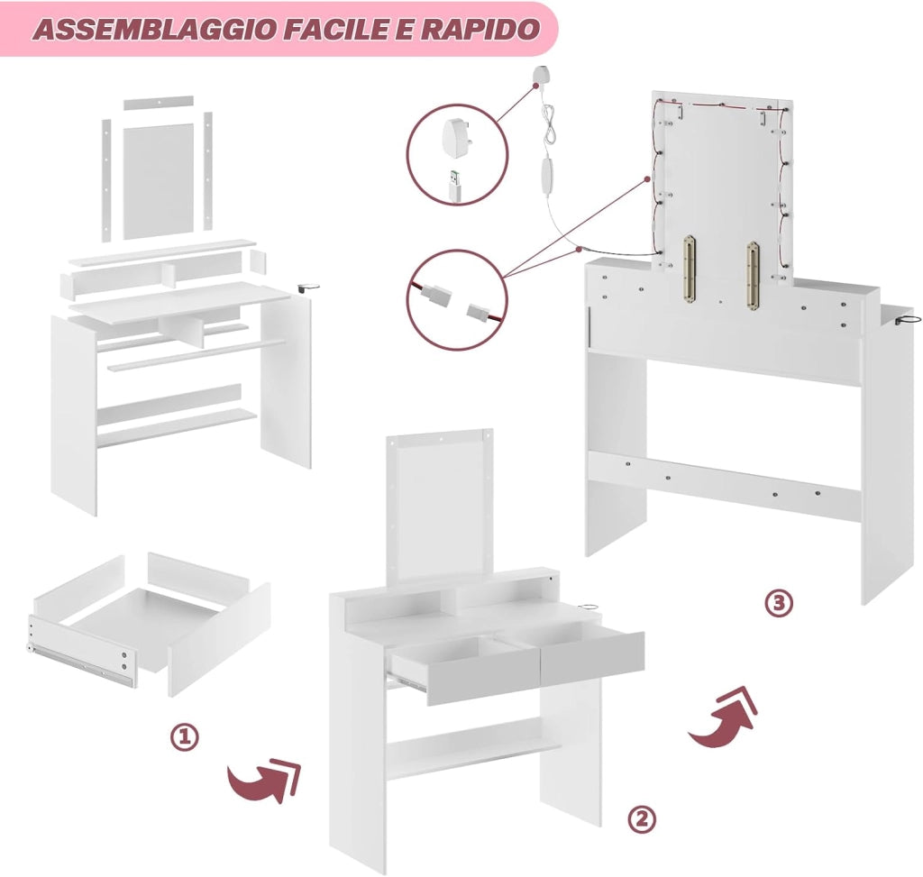 Toeletta da Trucco con Luci, Luminosità Regolabile,Tavolo da Trucco con Specchio,Postazione Trucco con 2 Cassetti,Porta Asciugacapelli,Make-up Desk,Moderno, Bianco