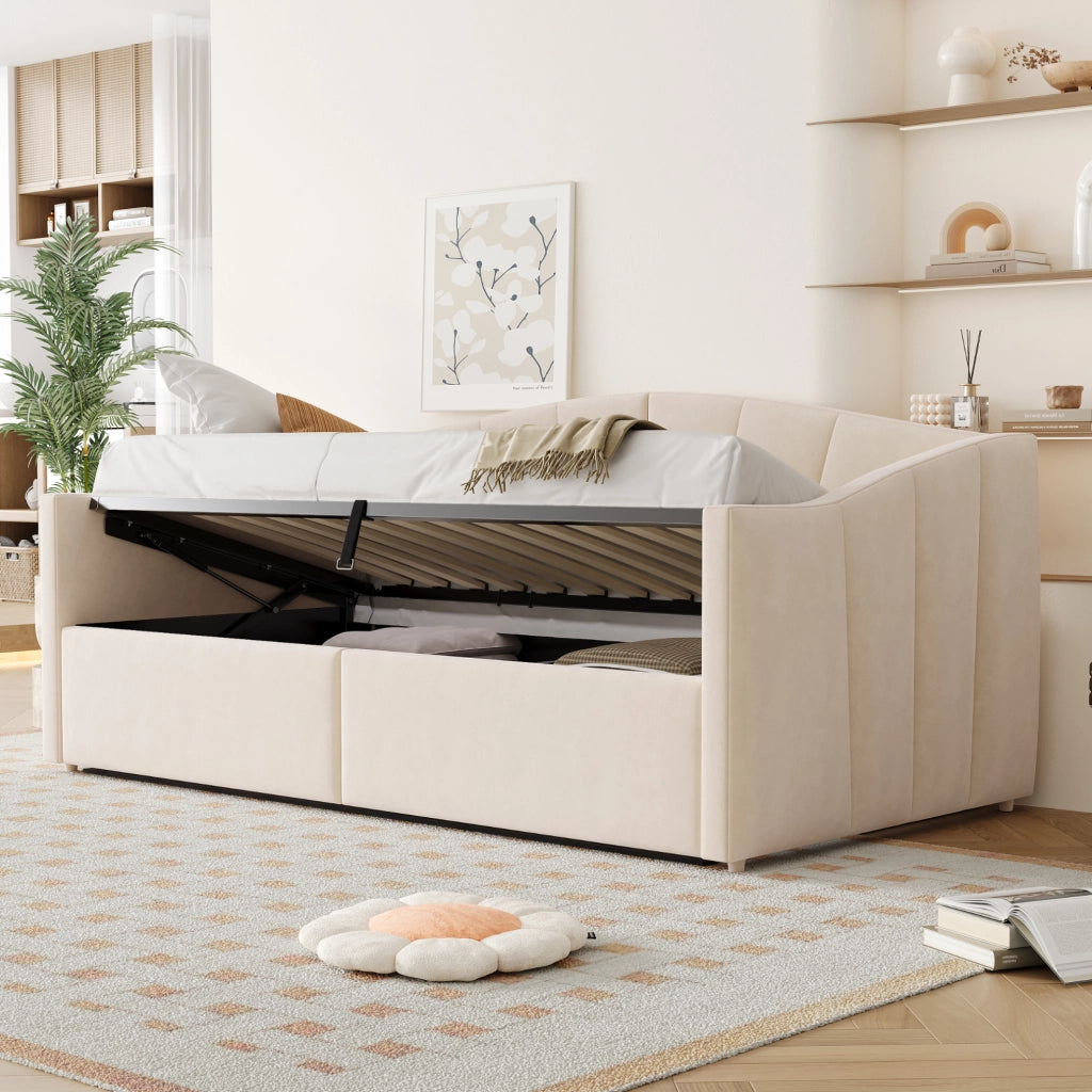 Letto imbottito 90x200 cm beige, velluto con contenitore idraulico e rete a doghe