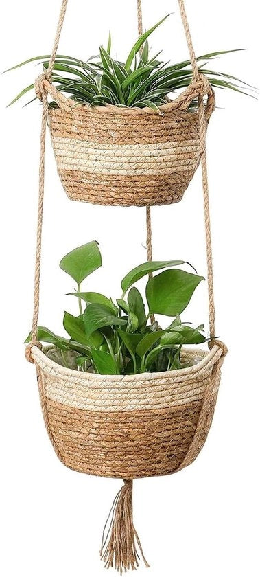 Cestellini a Soglia per Piante da Appendere - 2 Dimensioni Intrecciati Naturali Vasi per Fiori Cestello per Decorazione Interna ed Esterna