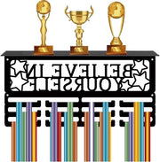 Medaillehanger con base per piattaforma per più di 70 medaglie - 4 file metalliche - "Credere in se stessi" - per gare - 40 x 20 x 1 - Sospeso al muro