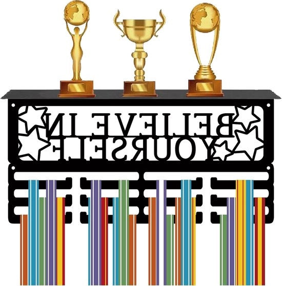 Medaillehanger con base per piattaforma per più di 70 medaglie - 4 file metalliche - "Credere in se stessi" - per gare - 40 x 20 x 1 - Sospeso al muro