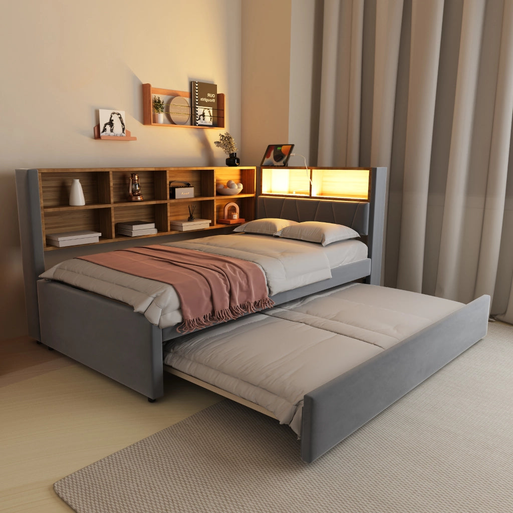 Divano letto multifunzionale 90x200 con letto estraibile 90x190, luci LED, prese di ricarica e vani contenitore, flanella, grigio scuro
