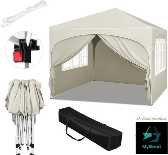 Tenda da Festa con Pareti - Beige - Ripiegabile - Easy up - Pergola - Imbottita e Resistente all'Acqua - 3x3 m