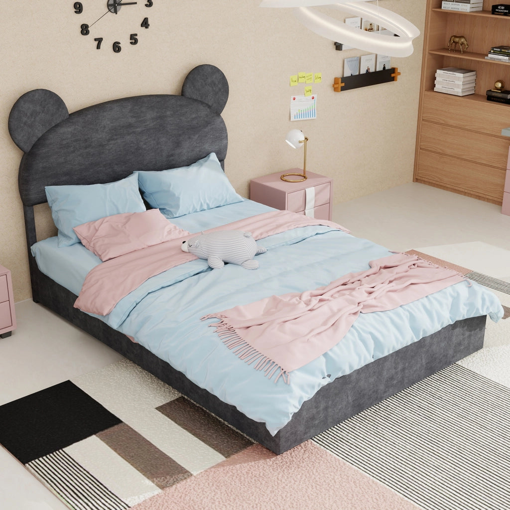 Letto Matrimoniale 140x200 cm; Testiera Sagomata; Contenitore a Gas - in Tessuto e Metallo - Grigio