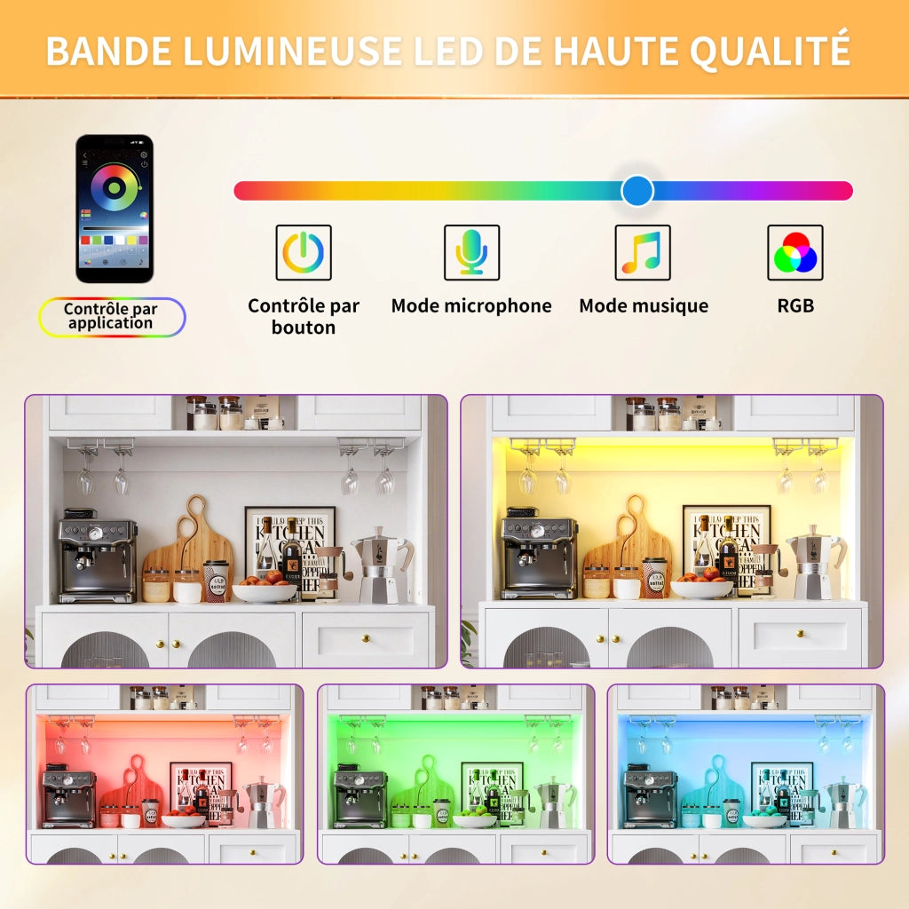 Credenza con 4 Ante e LED con Controllo da App; per Cucina; in MDF; 120 x 40 x 188 cm; Bianco