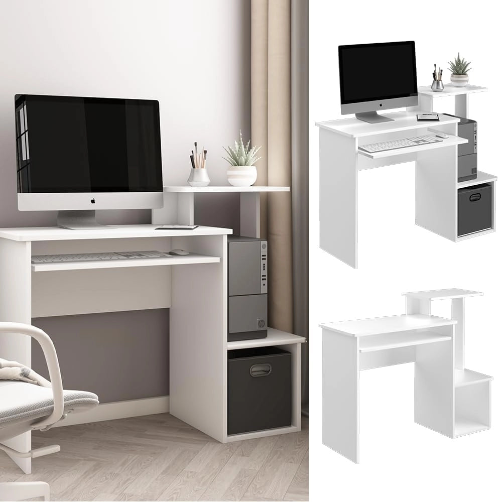 Scrivania con ripiani Karl, Bianco, 106 x 40 cm, con vani aperti e ripiano estraibile per tastiera