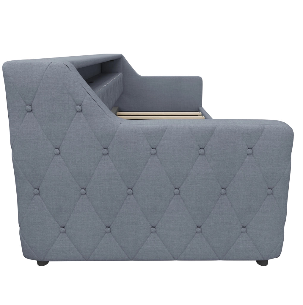 Letto daybed 90x200 cm con LED multicolore; contenitore idraulico; USB e USB-C; in lino grigio