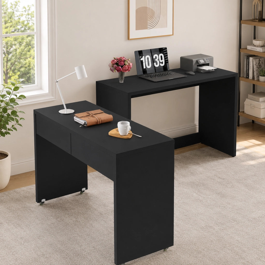 Scrivania 2-in-1 110x40x78 cm pieghevole con ruote in truciolato nero