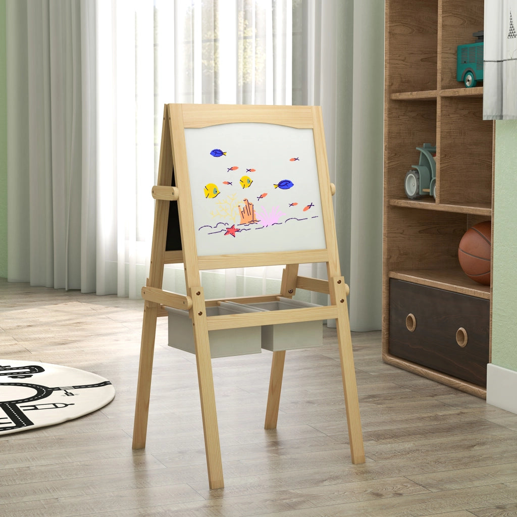 Lavagna per Bambini con Cavalletto 3 in 1 e Cestini, Et¨¤ 3-6 anni, 58x50.5x109cm, Color legno