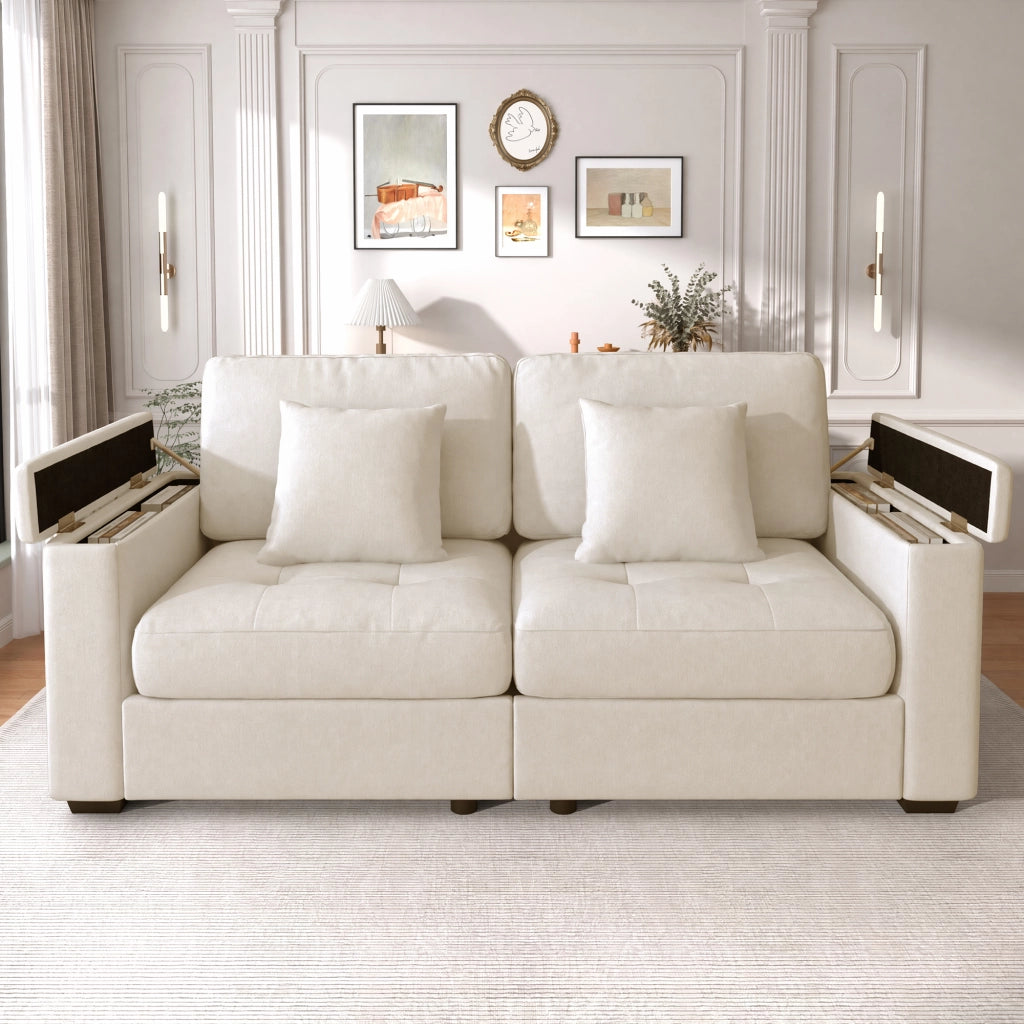 DIVANO 2 POSTI con vano portaoggetti nei braccioli 180 cm Chenille Beige con 2 cuscini