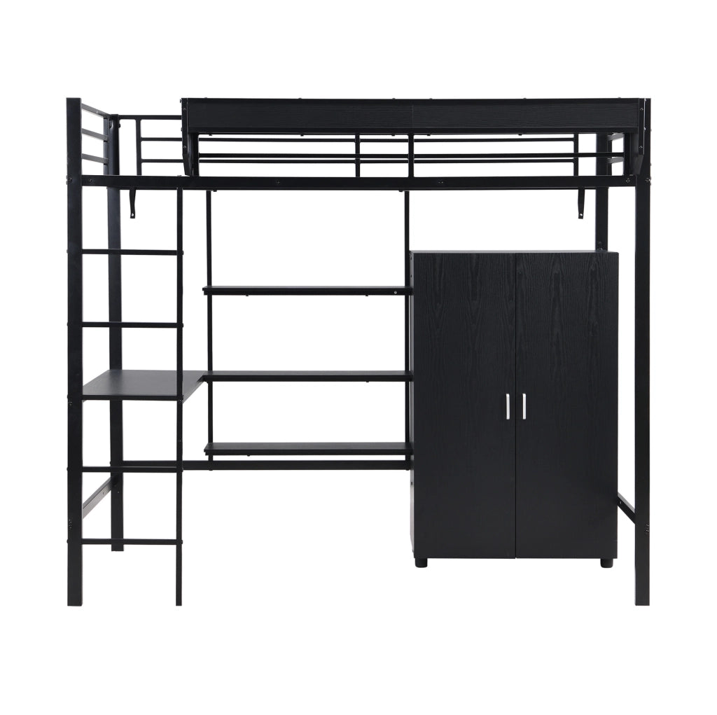 Letto a castello 90x200 cm con tavolo e armadio in metallo e pannello truciolare nero