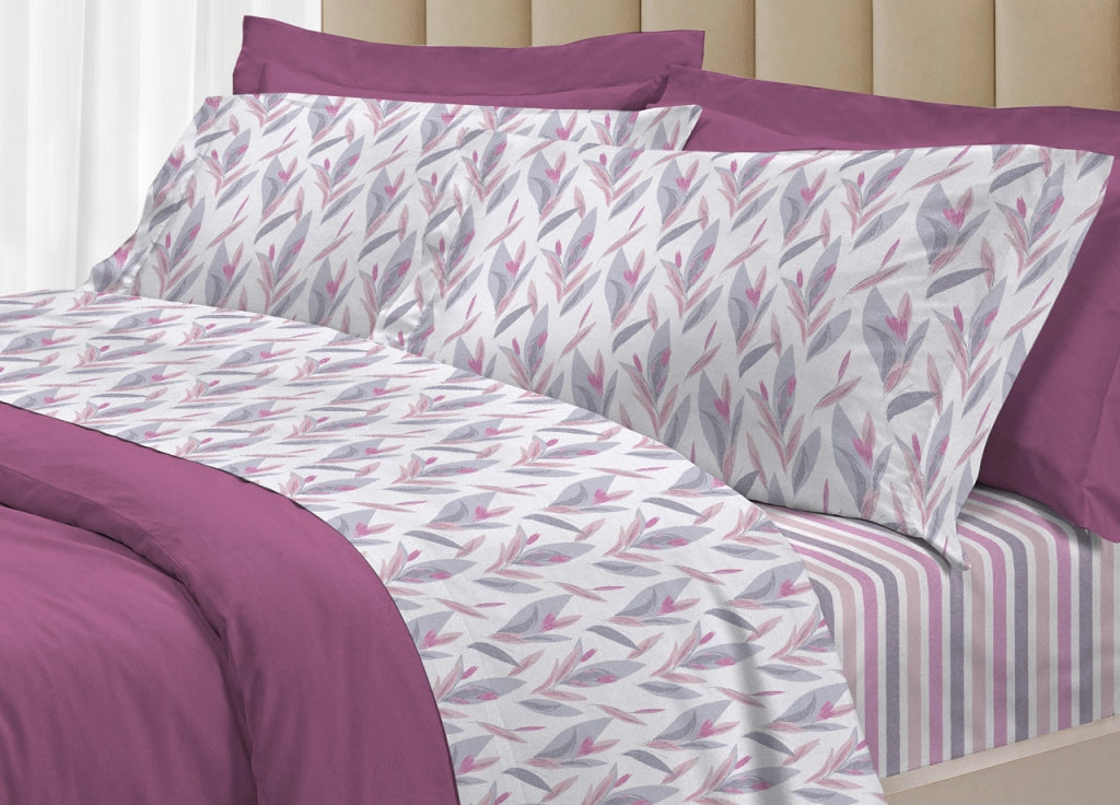 Completo Lenzuola Letto 100% Cotone Italy 3027 Disegno Tulipani - Piazza E Mezza - Rosa
