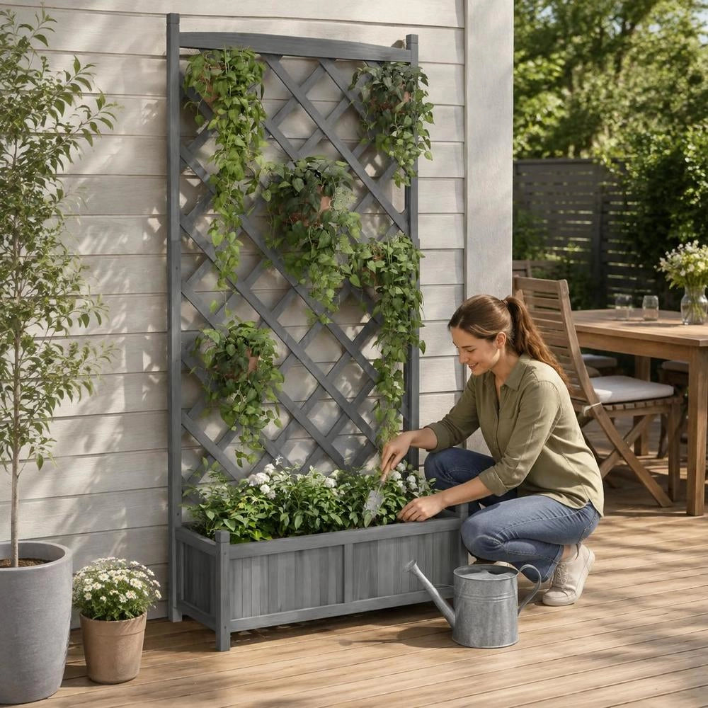 Solid Spruce Wood Planter Box With Trellis, Drainage Holes, Sturdy Structure For Balcony Patio Garden, Nordic Style Outdoor Flower Pot For Roses Ivy