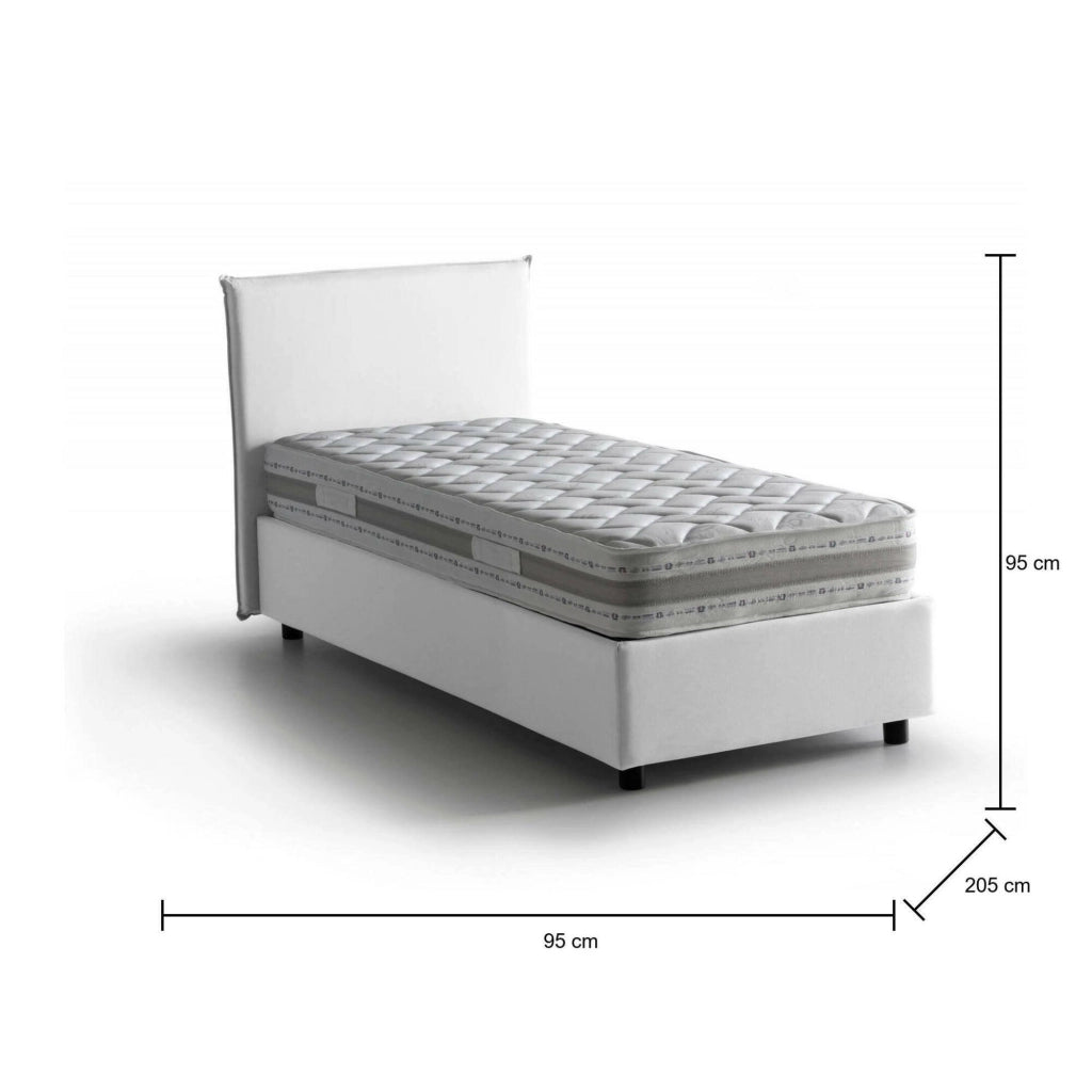 Letto singolo Astor, Letto contenitore con rivestimento in tessuto, Made in Italy, Apertura laterale, con materasso cm 80x190 incluso, Bianco