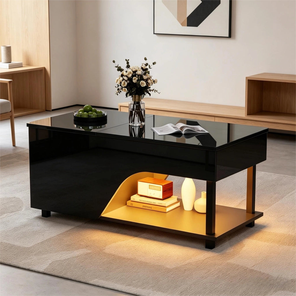 Tavolino lucido, illuminazione a LED, altezza regolabile, design traforato, 50 x 100 x 46 cm, nero