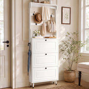 Mobile da ingresso con scarpiera a 3 ante ribaltabili, ganci e barra appendiabiti, per corridoio, bianco, 66 × 17 × 180 cm