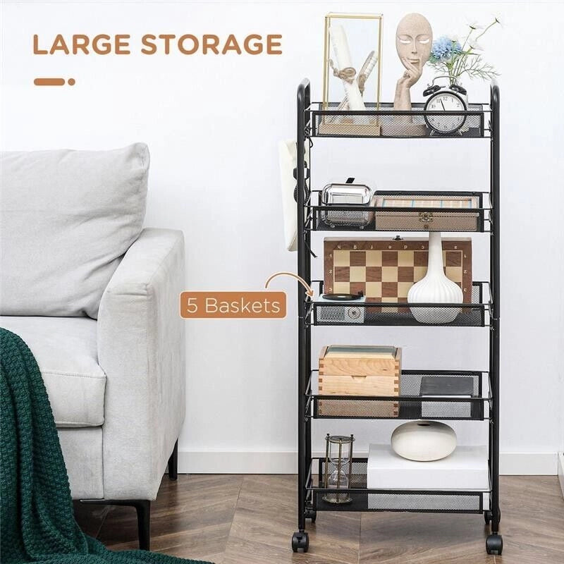 CARRELLO DA CUCINA CON 5 CESTINI A RETE IN ACCIAIO 45X26.5X106CM NERO