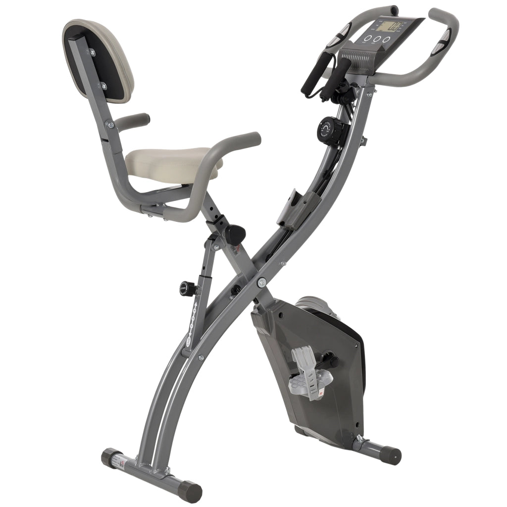 EasyComfort Cyclette Pieghevole 2 in 1, Resistenza Magnetica Regolabile 8 Livelli, Bici da Fitness con Sensore di Frequenza Cardiaca, Elastici per Braccia, Schermo LCD, Volano 2.5kg, Grigio