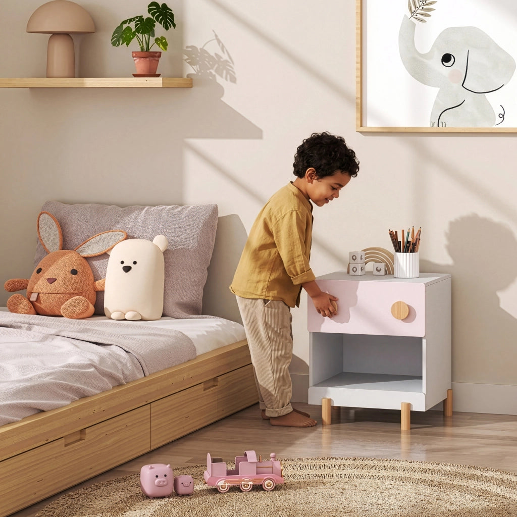 Comodino per Cameretta Vaarentaa con Cassetto e Scomparto Aperto 47x40x35 cm - Bianco/Rosa [en.casa]