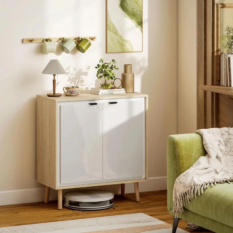CREDENZA MODERNA A 2 ANTE CON RIPIANO REGOLABILE, 72X35X77 CM, BIANCO LUCIDO E ROVERE