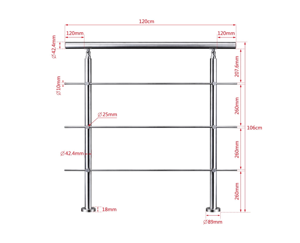 Ringhiera Balaustra Corrimano in acciaio inox spazzolato 120x106cm per interni ed esterni 3 barre trasversali