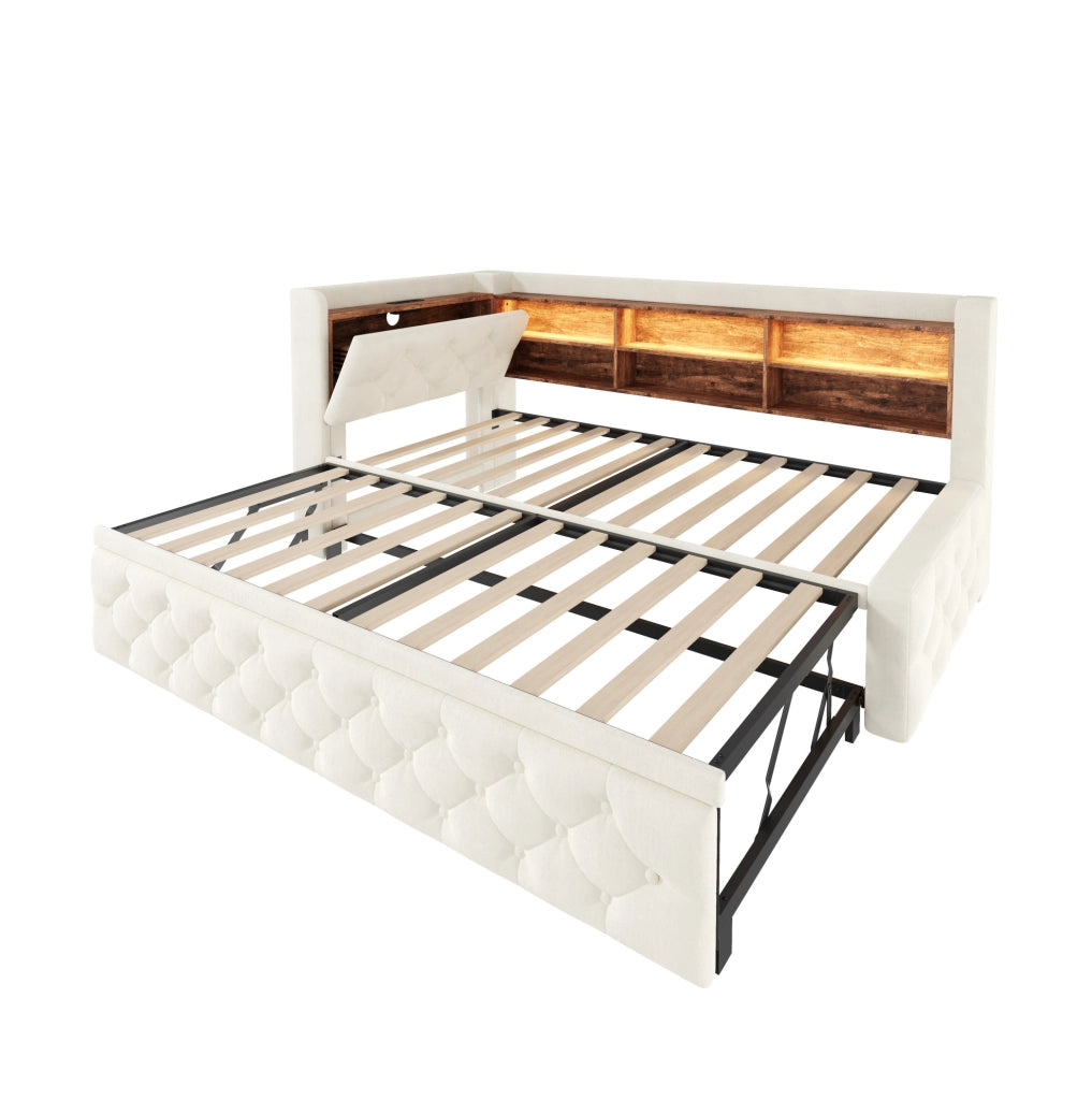 Divano letto estraibile 90x190 cm in velluto beige con LED, USB e USB-C