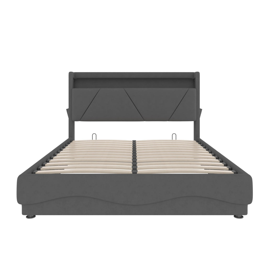 Letto imbottito 140x200 in velluto grigio scuro con LED e USB-C