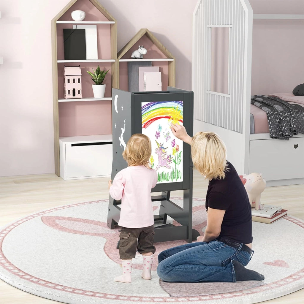 Torre per Bambini 2 in 1, Sgabello da Cucina per Bambini con 3 Penne, Lavagna Bianca e Nera, Piattaforma e Gradino Regolabili, per Bambini da 1 a 7 Anni, Capacità di Carico 70 kg (Grigio)