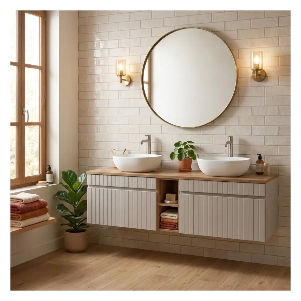 Insieme ICON: mobile sottolavabo 180cm colore cachemire con nicchie visibili effetto legno + piano per lavabo effetto legno