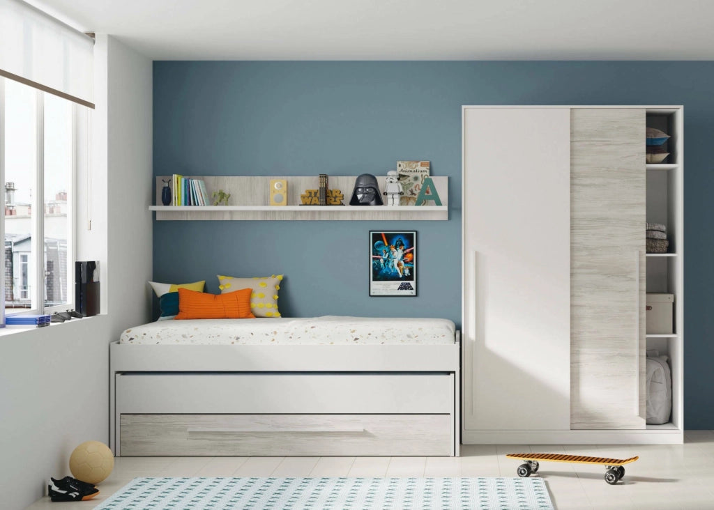 Letto singolo Art, Struttura letto per cameretta, Letto singolo con lettino estraibile e cassettone e mensola abbinata, cm 199x96h65, Bianco