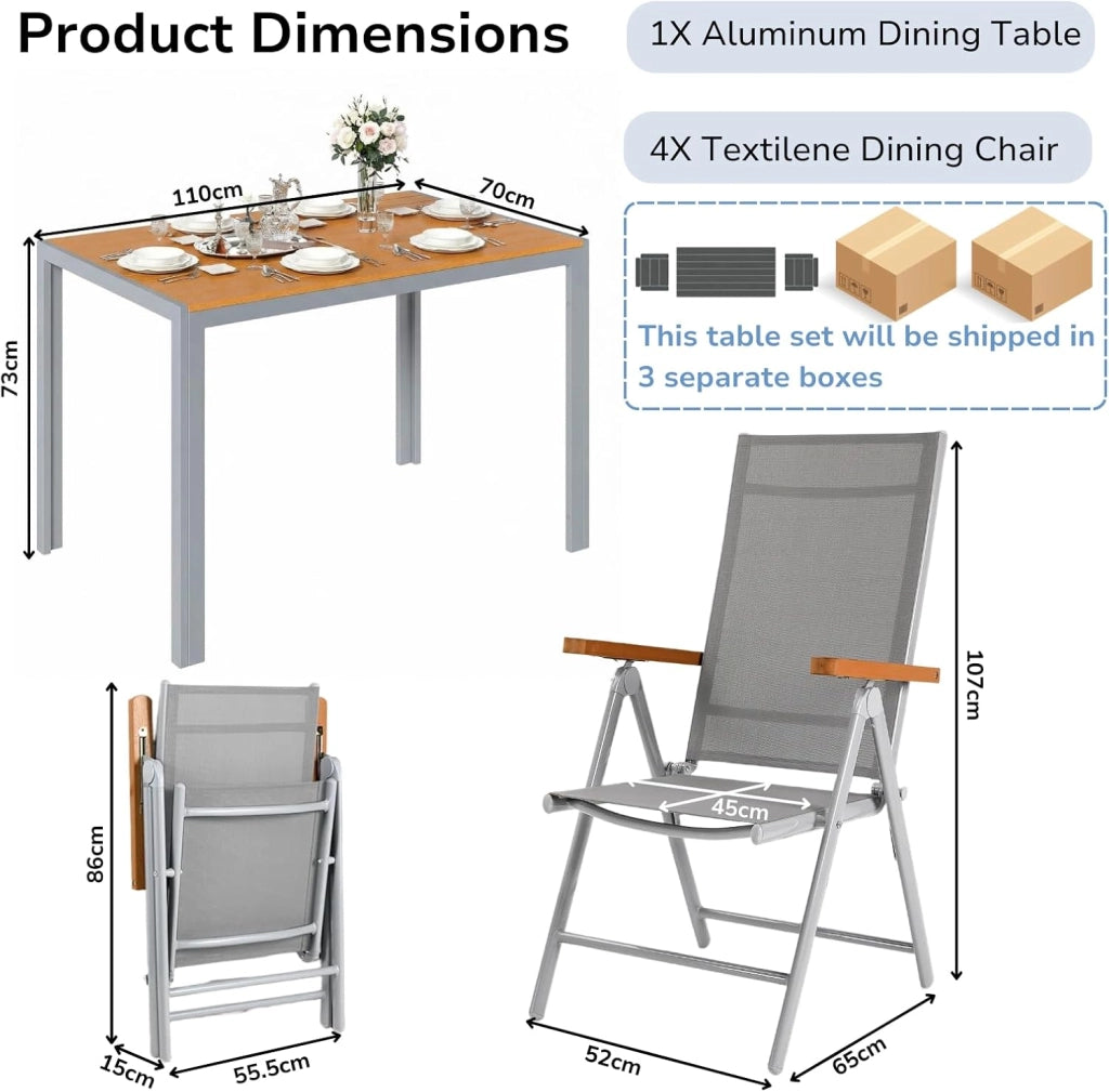 Set di 3 Mobili da Giardino in Alluminio, Tavolo Rettangolare 110x70cm+2 Sedie Pieghevoli Regolabili, Resistente alle Intemperie, Arredamento per Terrazza, Balcone, Marrone Teak+Grigio Chiaro