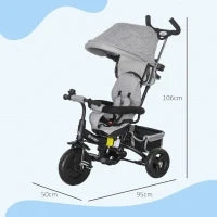 Triciclo per Bambini con Maniglione 6 in 1, Tettuccio Regolabile e Cintura di Sicurezza, Età 1-5 Anni, Grigio