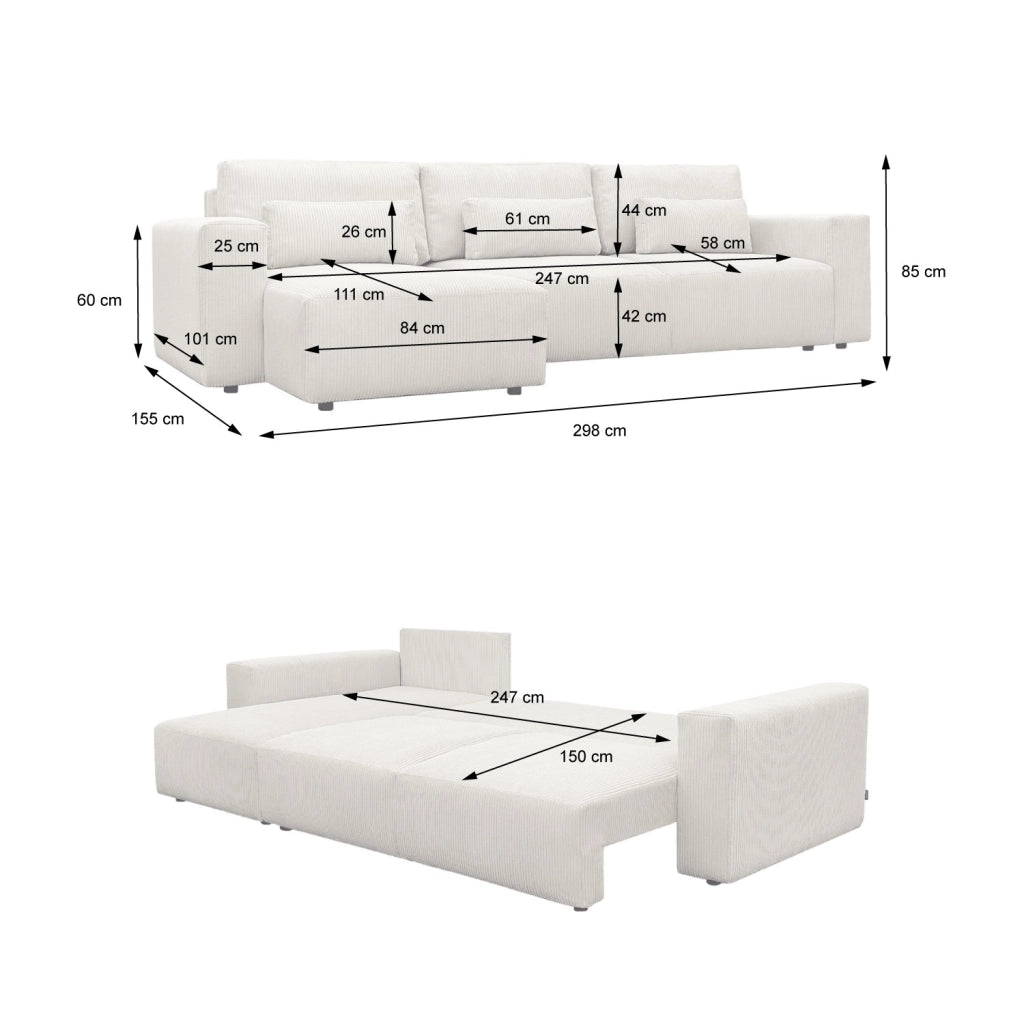 Divano letto angolare reversibile con contenitore in velluto a coste,