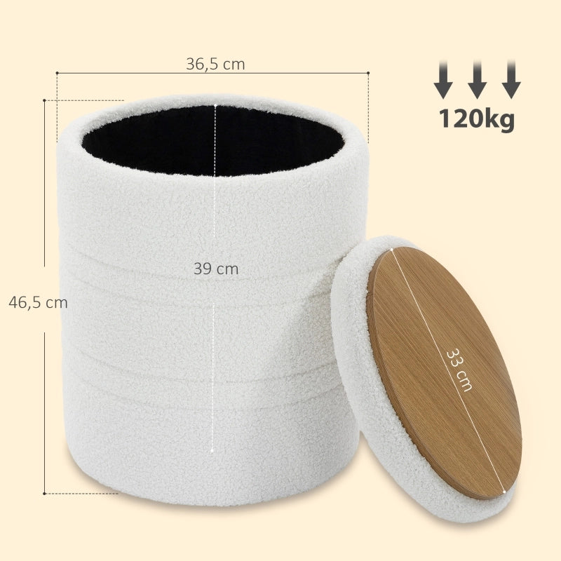 Pouf contenitore Sherpa con coperchio reversibile, sgabello rotondo per soggiorno e camera da letto, bianco