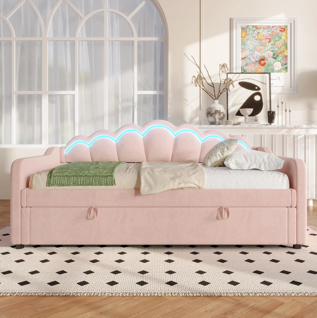 Divano letto 90x200 cm con contenitore idraulico e LED in velluto