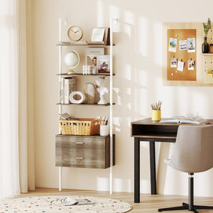 Libreria a scala a 6 ripiani con 2 cassetti e struttura in metallo-Libreria a scala da parete alto 184 cm Grigio chiaro