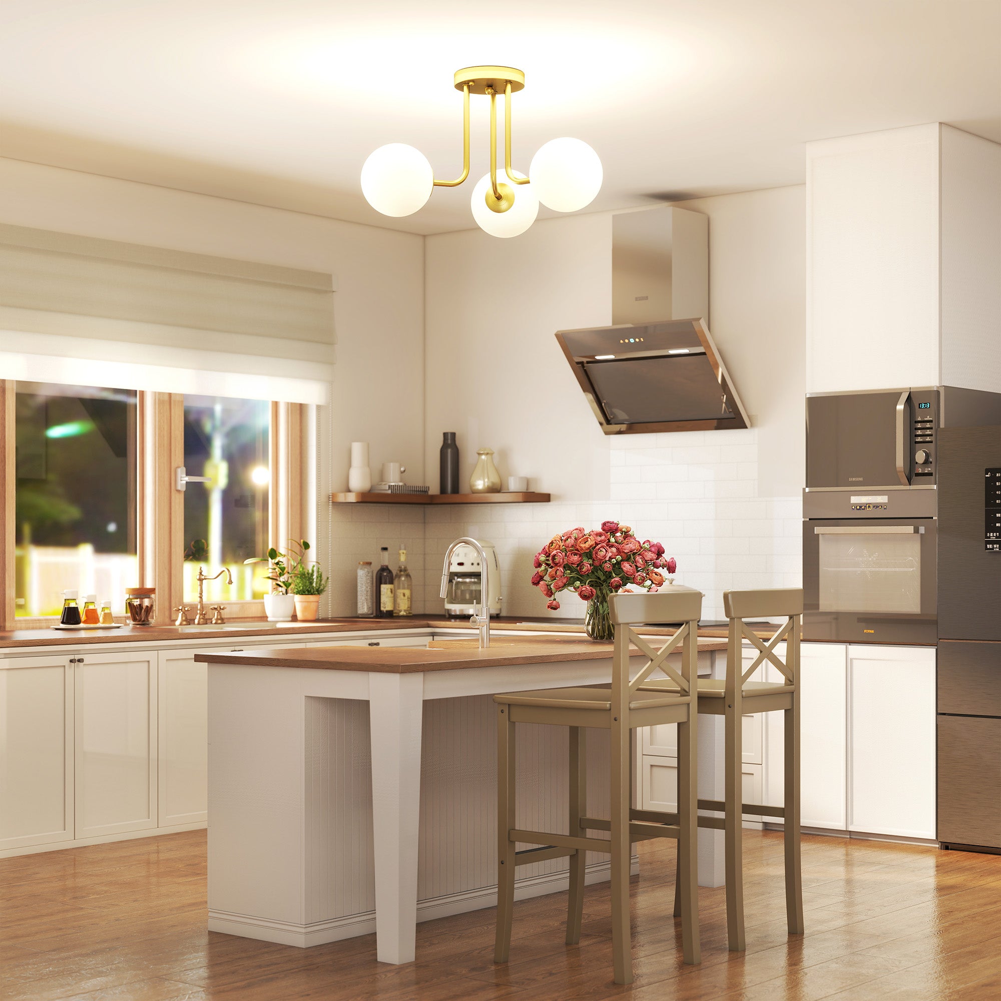 Lampadario da Soffitto Vintage 42x42x26.5 cm con 3 Punti Luce Attacchi G9 in Metallo e Plastica Oro