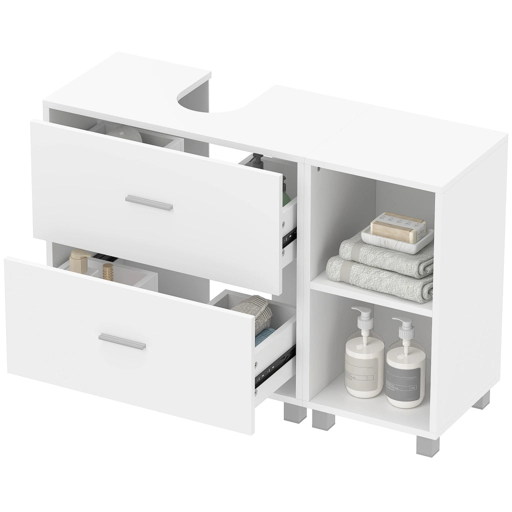 Mobile Sottolavabo Bagno con 2 Cassetti e Ripiani Aperti, in Legno, 90x30x60 cm, Bianco